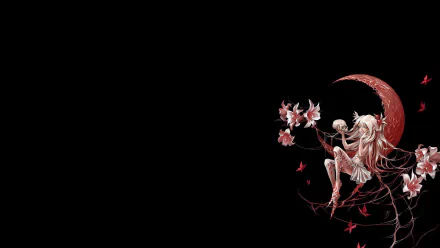 A fantasy-themed HD desktop wallpaper featuring a fairy sitting on a crescent moon, surrounded by red flowers and butterflies against a dark background.