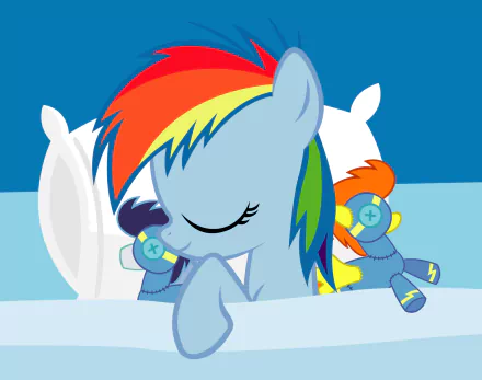 A colorful HD wallpaper featuring Rainbow Dash peacefully resting with plush toys of Soarin and Spitfire from My Little Pony: Friendship Is Magic.