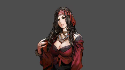 HD PC desktop wallpaper of a long-haired woman in a red headscarf and low-cut blouse with layered necklaces — artwork from the video game Castlevania: Order of Ecclesia.