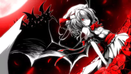 HD anime desktop wallpaper featuring Remilia Scarlet from Touhou with striking red and black tones and vampire bat wings.