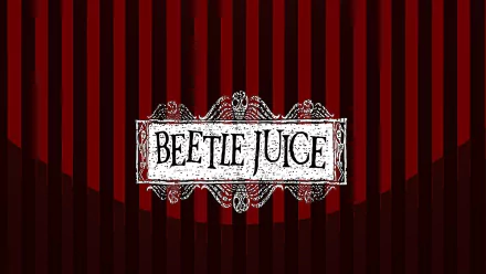 HD PC desktop wallpaper featuring the Beetlejuice movie title with a decorative frame on a red and dark striped background.