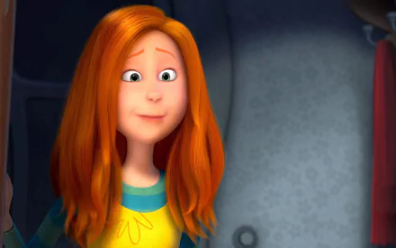 HD PC desktop wallpaper: Audrey (The Lorax movie) — smiling red-haired girl in a yellow shirt with blue-striped collar against a soft grey background.