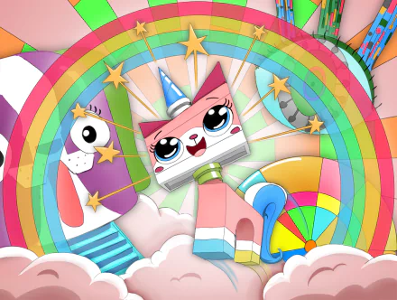 A vibrant HD wallpaper featuring Unikitty from The Lego Movie, surrounded by rainbows, colorful clouds, and playful designs, capturing the whimsical essence of LEGO creativity.