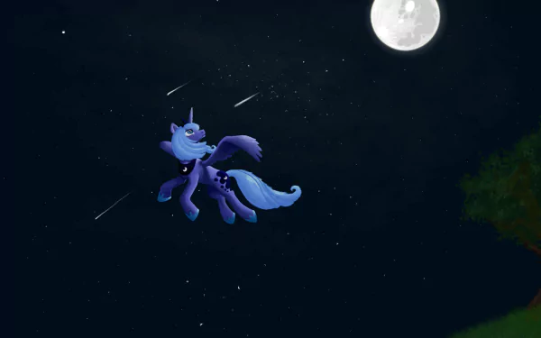 Princess Luna from the TV show My Little Pony: Friendship Is Magic drifts across a starry night under a full moon — 4K Ultra HD PC desktop wallpaper background.