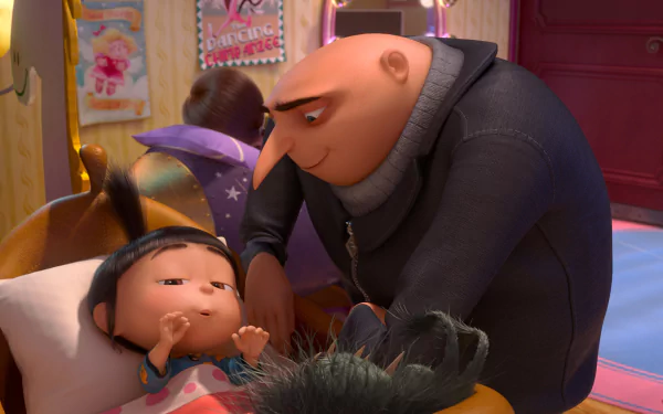 Agnes and Gru from Despicable Me 2 share a tender moment in this HD desktop wallpaper, capturing the warmth of their relationship in a colorful animated scene.