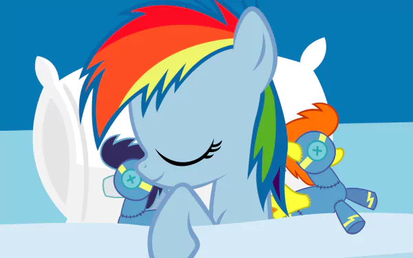 A colorful HD wallpaper featuring Rainbow Dash peacefully resting with plush toys of Soarin and Spitfire from My Little Pony: Friendship Is Magic.