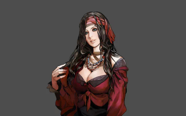 HD PC desktop wallpaper of a long-haired woman in a red headscarf and low-cut blouse with layered necklaces — artwork from the video game Castlevania: Order of Ecclesia.