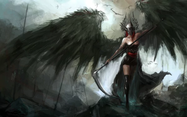 A fantasy-themed angel warrior with striking black wings stands boldly amidst a dramatic landscape, wielding a scythe, ready for battle in this captivating HD desktop wallpaper.