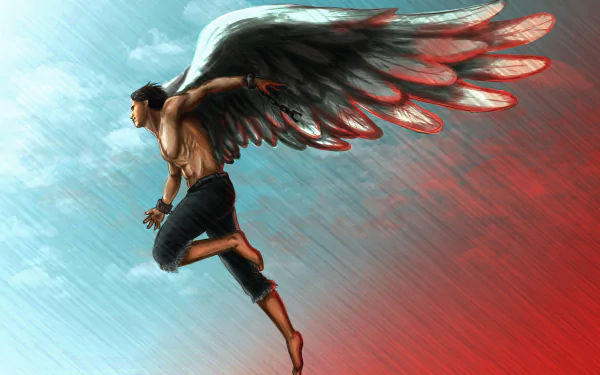 HD PC desktop wallpaper depicting a fantasy angel with large black wings, flying against a dynamic blue and red gradient background.