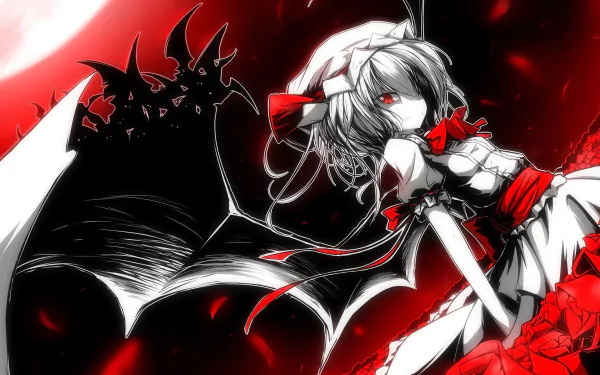 HD anime desktop wallpaper featuring Remilia Scarlet from Touhou with striking red and black tones and vampire bat wings.