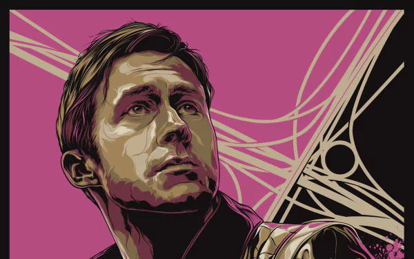 Stylized HD PC wallpaper featuring Ryan Gosling as the Driver from the 2011 movie Drive, with dynamic abstract lines on a purple background.