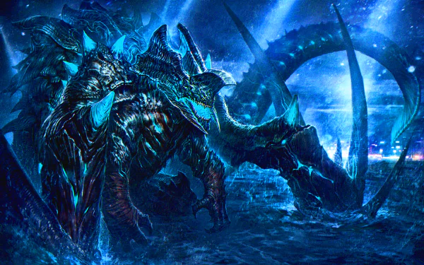HD wallpaper featuring a scene from the movie Pacific Rim showcasing a menacing Kaiju emerging from the ocean amidst a stormy, blue-tinted background.