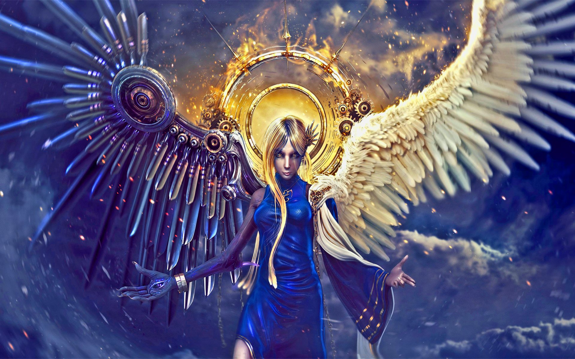 A steampunk-inspired fantasy angel with blonde hair, majestic wings, and a luminous halo stands against a dramatic sky, creating a captivating HD desktop wallpaper.
