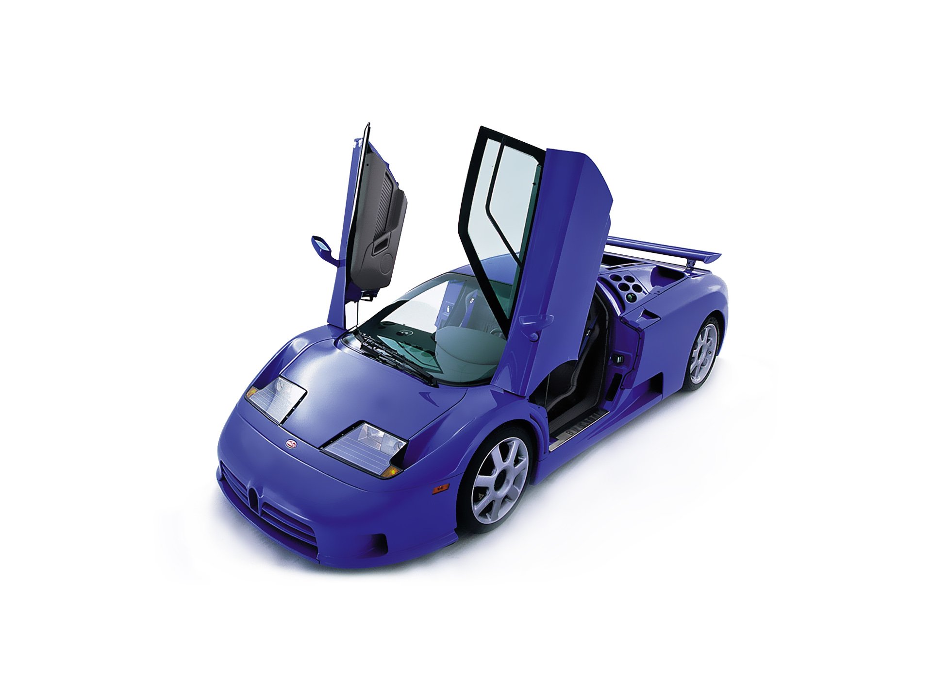 Blue Bugatti EB110 GT vehicle with scissor doors open on a white background — HD PC desktop wallpaper/background.