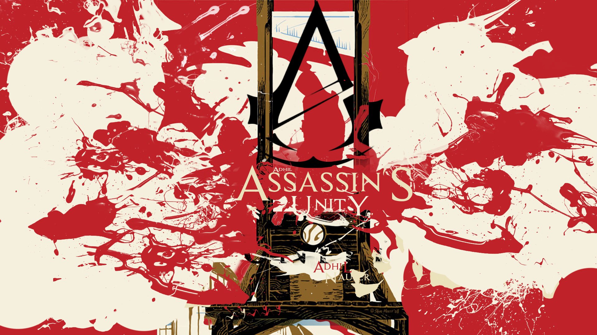 HD PC desktop wallpaper featuring Assassin's Creed: Unity with a stylized red and white graphic design and the iconic Assassin's Creed emblem.