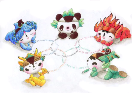 HD desktop wallpaper featuring the Beijing 2008 Summer Olympics Fuwa mascots Nini, Yingying, Huanhuan, Jingjing, and Beibei with Olympic rings and related text.