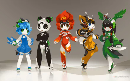 HD PC desktop wallpaper featuring the Fuwa mascots—Nini, Yingying, Huanhuan, Jingjing, and Beibei—from the Beijing 2008 Summer Olympic Games in vibrant colors.