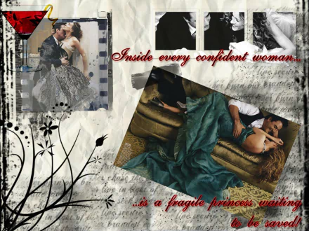 A stylish HD desktop wallpaper featuring romantic scenes from the TV show Sex and the City, accompanied by a quote about the complexity of confident women.