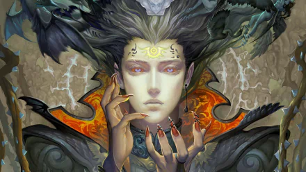 HD PC desktop wallpaper featuring a dark, mystical vampire with intricate facial markings, glowing eyes, and elaborate attire set against a shadowy, atmospheric background.