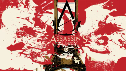 HD PC desktop wallpaper featuring Assassin's Creed: Unity with a stylized red and white graphic design and the iconic Assassin's Creed emblem.