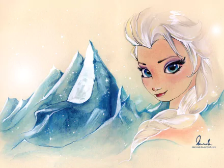 HD desktop wallpaper featuring Elsa from the movie Frozen, depicted in a stylized illustration with snowy mountain backdrop.