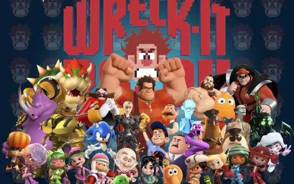 HD wallpaper featuring characters from Wreck-It Ralph, including Ralph, Vanellope von Schweetz, Sergeant Calhoun, and Cy-Bugs, set against a vibrant backdrop of pixel art.