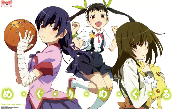 HD wallpaper featuring Mayoi Hachikuji, Suruga Kanbaru, and Nadeko Sengoku from the Monogatari series.