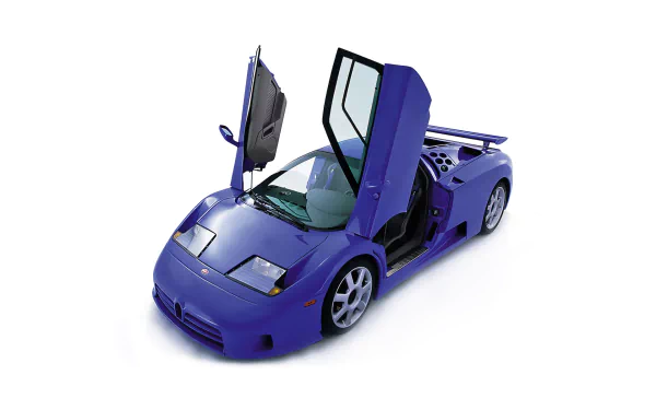 Blue Bugatti EB110 GT vehicle with scissor doors open on a white background — HD PC desktop wallpaper/background.
