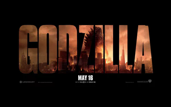 HD PC desktop wallpaper featuring the 2014 Godzilla movie title with Godzilla's silhouette against a fiery background.