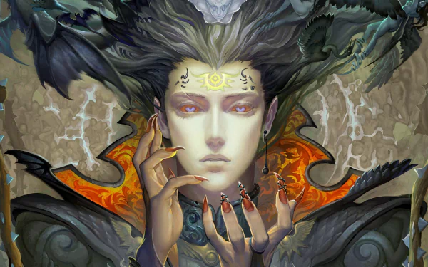 HD PC desktop wallpaper featuring a dark, mystical vampire with intricate facial markings, glowing eyes, and elaborate attire set against a shadowy, atmospheric background.