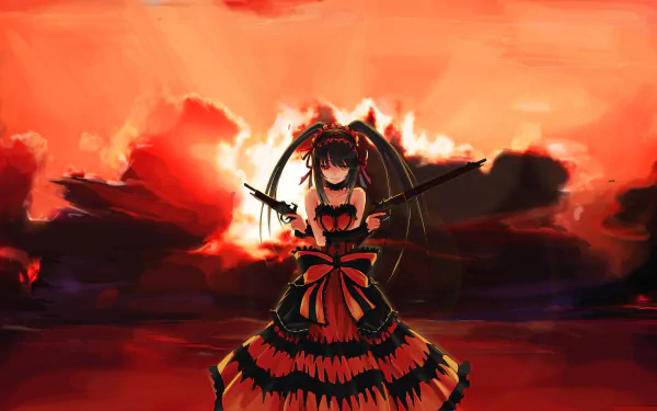 HD desktop wallpaper featuring an anime character from Date A Live, standing boldly against a dramatic, fiery red sunset background.