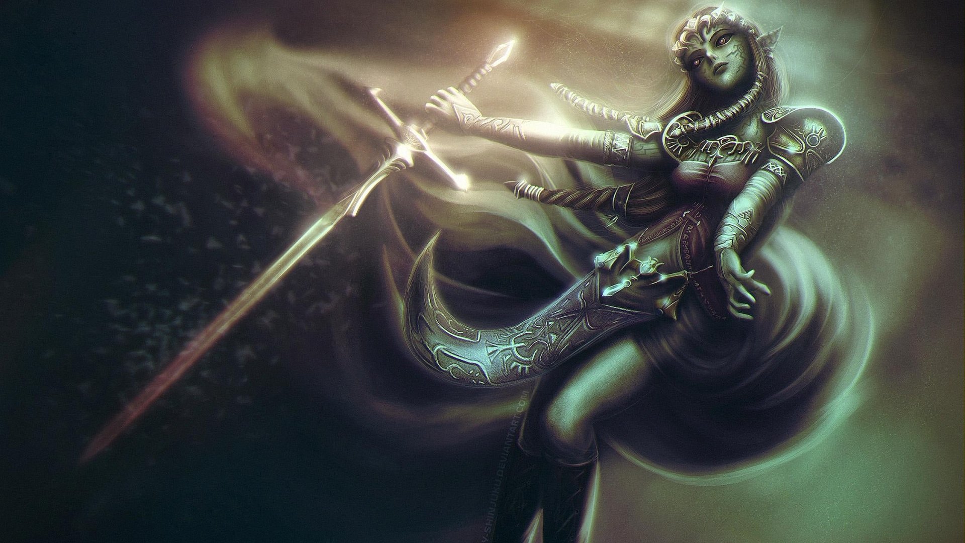 HD fantasy PC wallpaper featuring a dynamic woman warrior wielding a glowing sword, surrounded by mystical energy in an ethereal, dark atmosphere.
