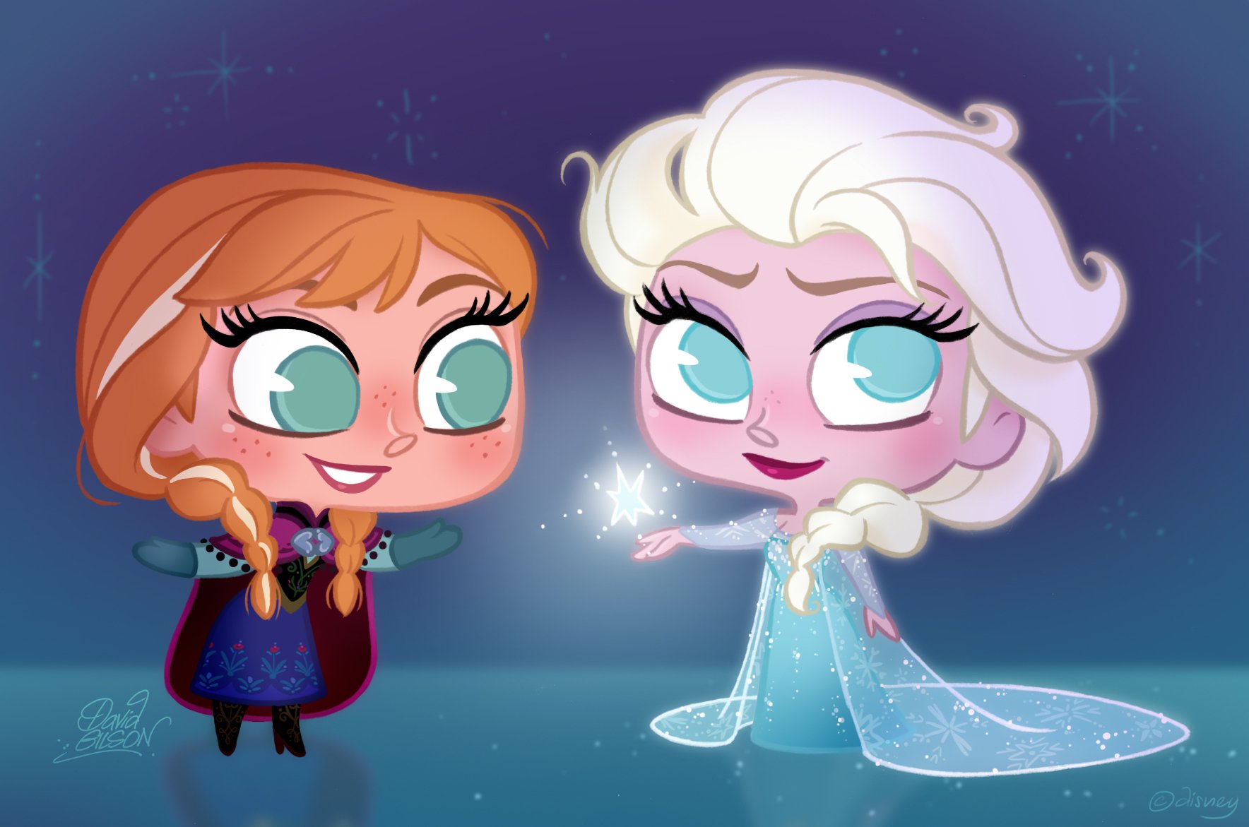 HD PC desktop wallpaper featuring chibi-style Elsa and Anna from the Frozen movie, with snowflakes adding a magical winter touch.