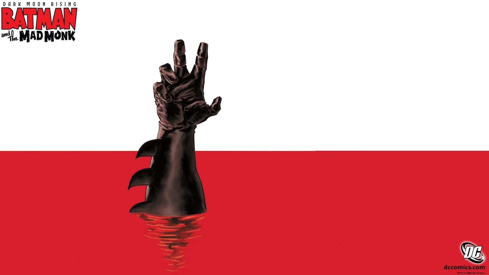 HD PC desktop wallpaper featuring Batman's gloved hand emerging from red water, inspired by the comic Batman and the Mad Monk with minimalist white and red background.