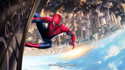 HD wallpaper of Spider-Man clinging to a skyscraper with a cityscape view from The Amazing Spider-Man 2 movie.