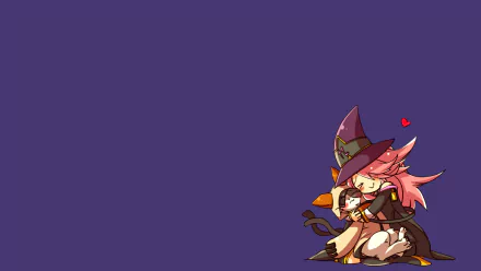 HD PC desktop wallpaper from the video game BlazBlue: Continuum Shift — chibi pink-haired witch in a hat cuddling a black-and-white cat on a wide purple background.