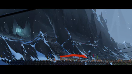 HD desktop wallpaper of a dramatic battle scene from the video game The Banner Saga, featuring armored warriors and towering icy cliffs under a dark sky.