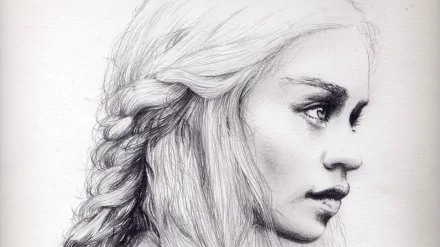 Illustration of Daenerys Targaryen from Game of Thrones, showcasing her iconic braided hair and striking features, designed as a 4K Ultra HD wallpaper for PC background.
