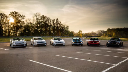 A row of Chevrolet Camaro Z28 vehicles in various colors, parked on an empty lot with trees and a sunset in the background, creating a striking HD desktop wallpaper scene.