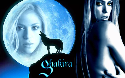 A striking HD wallpaper featuring Shakira, with a mystical blue moon backdrop and a silhouette of a wolf, blending music and artistry in a captivating design.