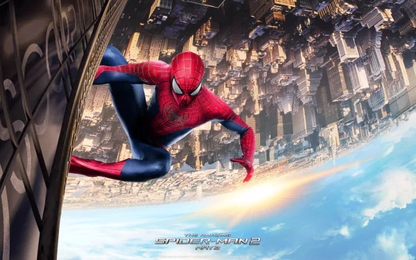 HD wallpaper of Spider-Man clinging to a skyscraper with a cityscape view from The Amazing Spider-Man 2 movie.