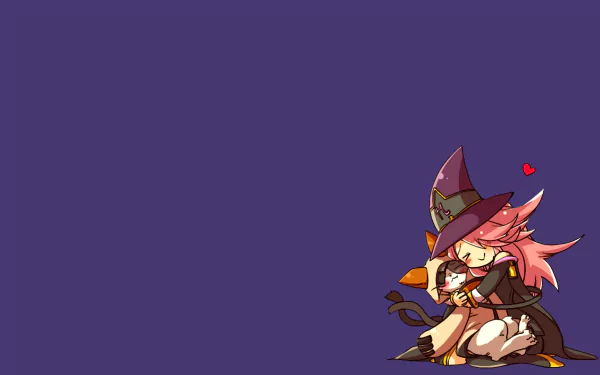 HD PC desktop wallpaper from the video game BlazBlue: Continuum Shift — chibi pink-haired witch in a hat cuddling a black-and-white cat on a wide purple background.