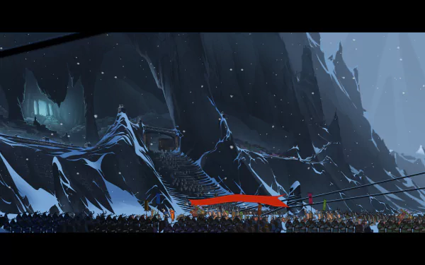 HD desktop wallpaper of a dramatic battle scene from the video game The Banner Saga, featuring armored warriors and towering icy cliffs under a dark sky.