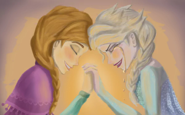 Two sisters, Elsa and Anna from Frozen, share a tender moment in a snowy setting, showcasing their close bond. This HD wallpaper captures the essence of their relationship beautifully.