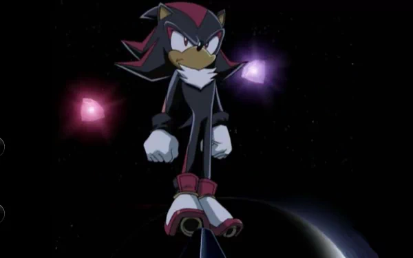 HD PC desktop wallpaper featuring Shadow the Hedgehog from the anime Sonic X, glowing with energy orbs against a dark cosmic background.
