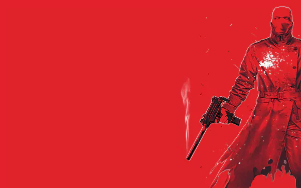 A striking HD desktop wallpaper featuring the comic character Red Hood, depicted in a bold red background holding a gun, showcasing a dynamic and intense design.