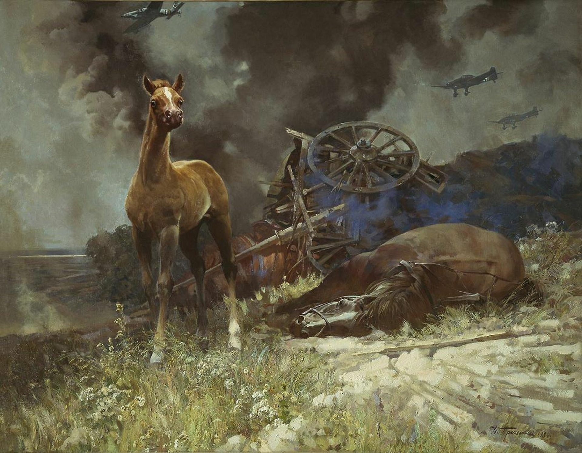 HD military battle desktop wallpaper depicting a lone horse standing beside fallen soldiers and a broken cannon amidst a smoky battlefield with a plane flying overhead.