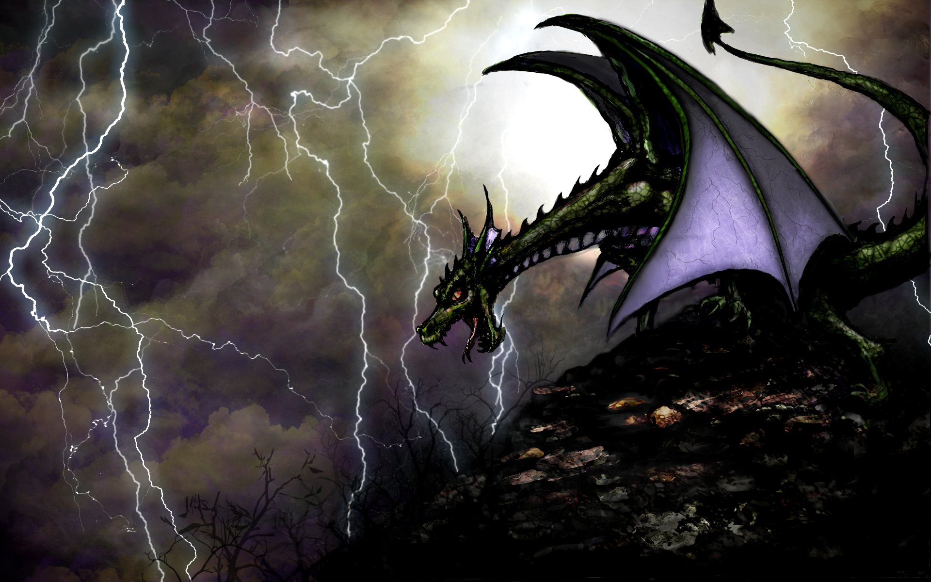 A striking HD wallpaper of a fierce dragon perched on a rocky outcrop, illuminated by dramatic lightning against a stormy sky, capturing the essence of fantasy.