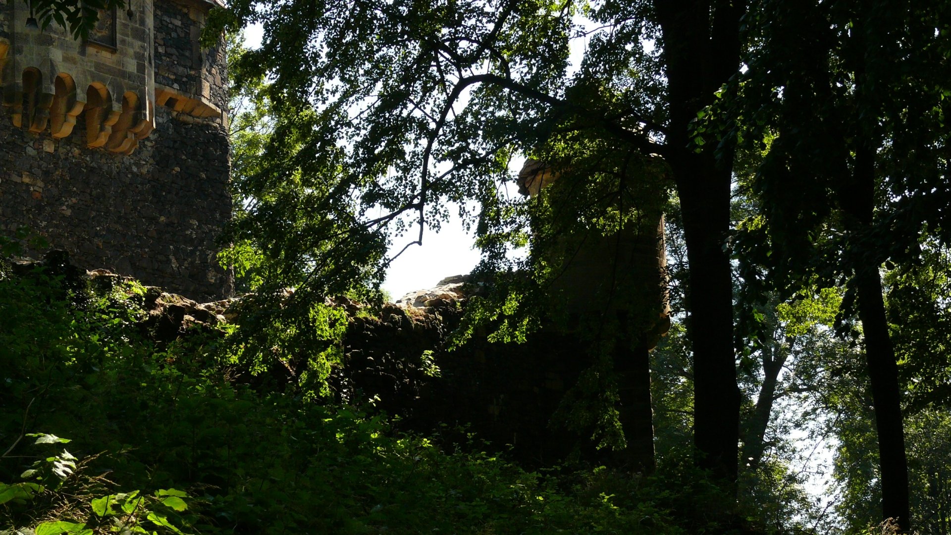 Grodziec Castle — man-made medieval stone keep and ruins rising above dense woodland, sunlit through foliage; 2K Quad HD PC desktop wallpaper and background.