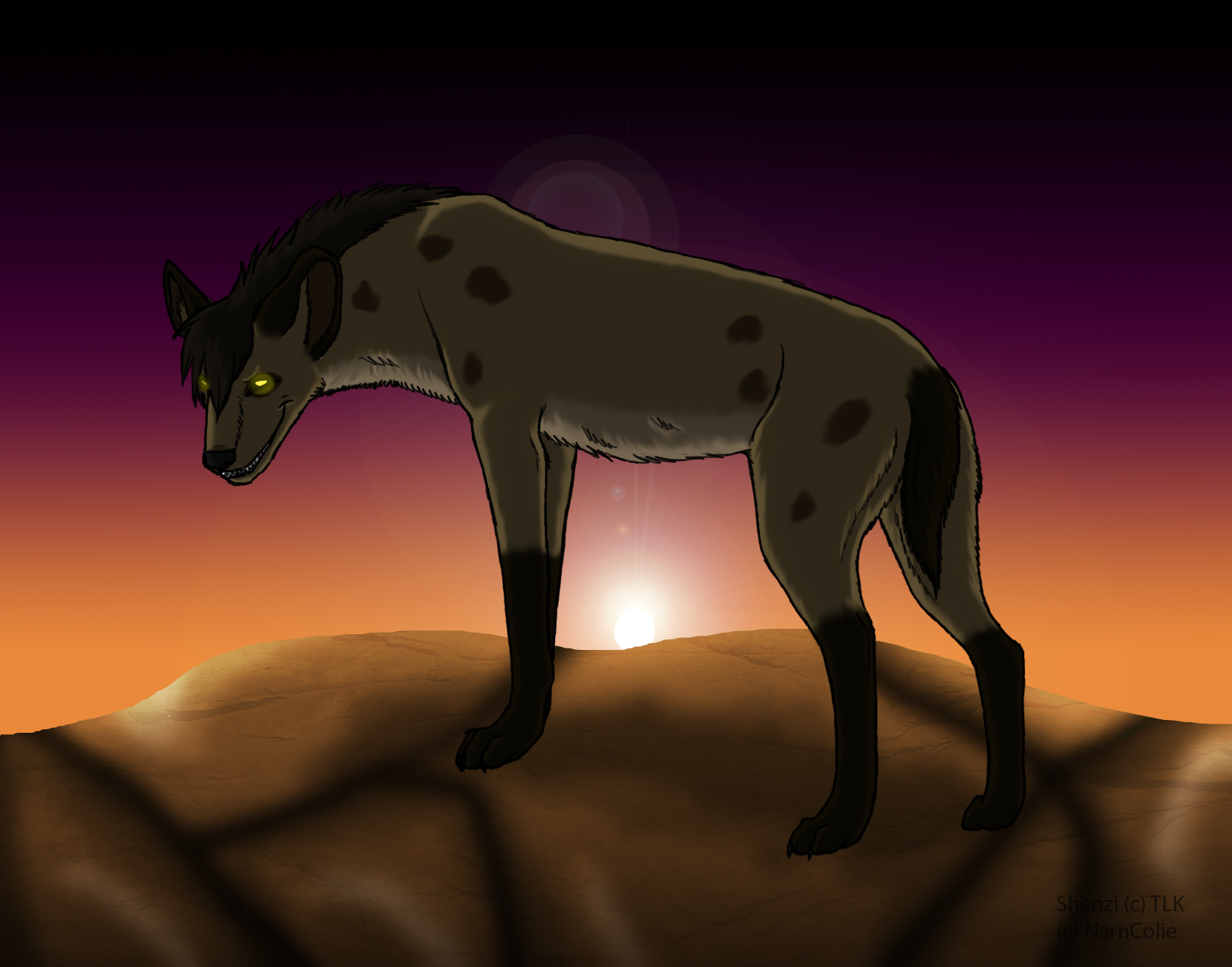 HD desktop wallpaper featuring a dark hyena silhouetted against a sunset, inspired by The Lion King (1994) movie.